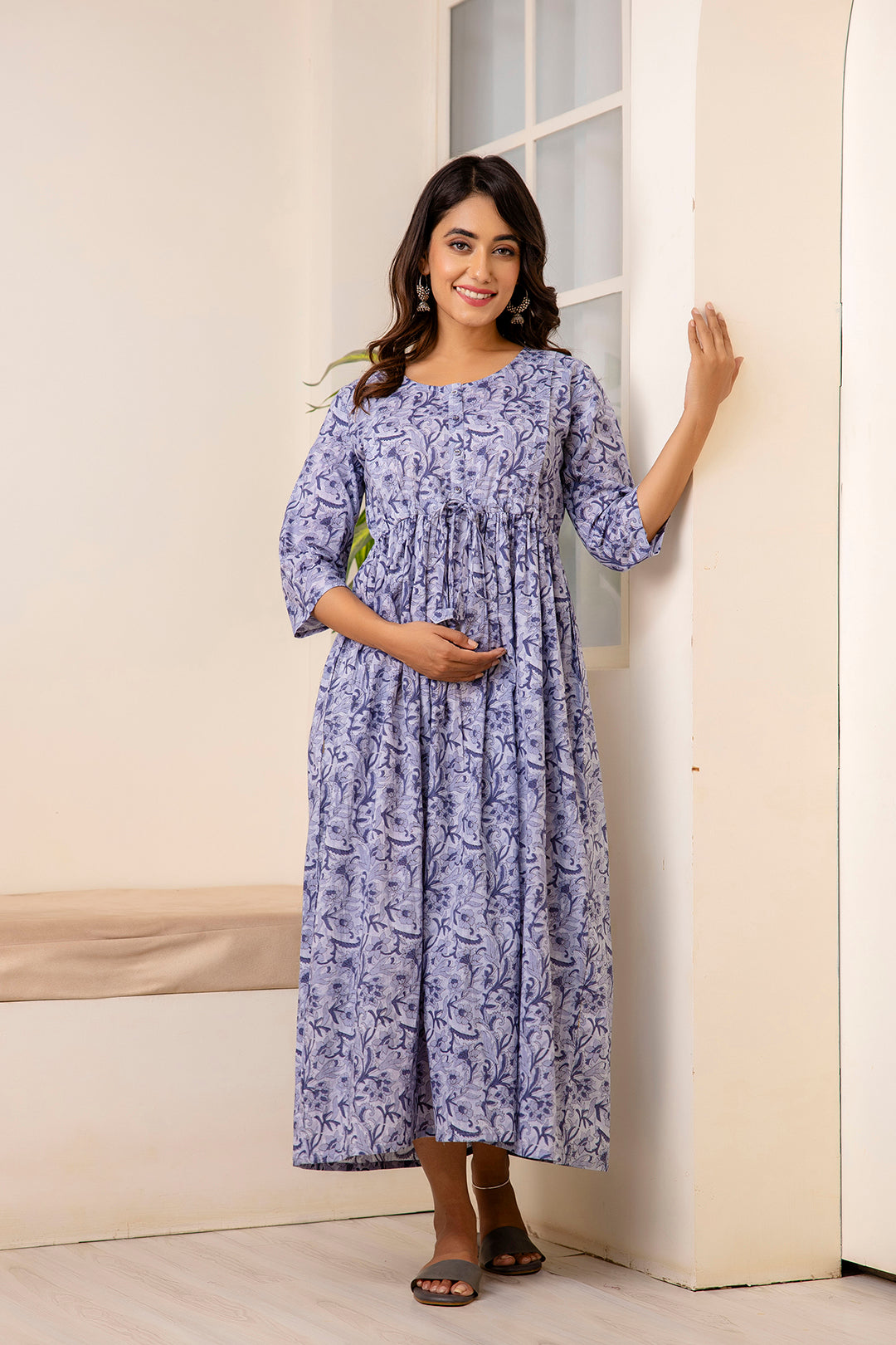 Women's Grey Printed Flared Maternity Dress - Taantav