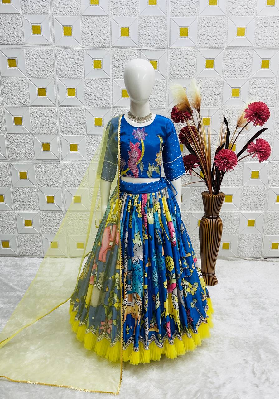 Girl's Blue Art Silk Jacquard Kurta Pant Set With Dupatta