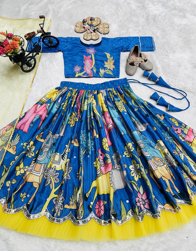 Girl's Blue Art Silk Jacquard Kurta Pant Set With Dupatta