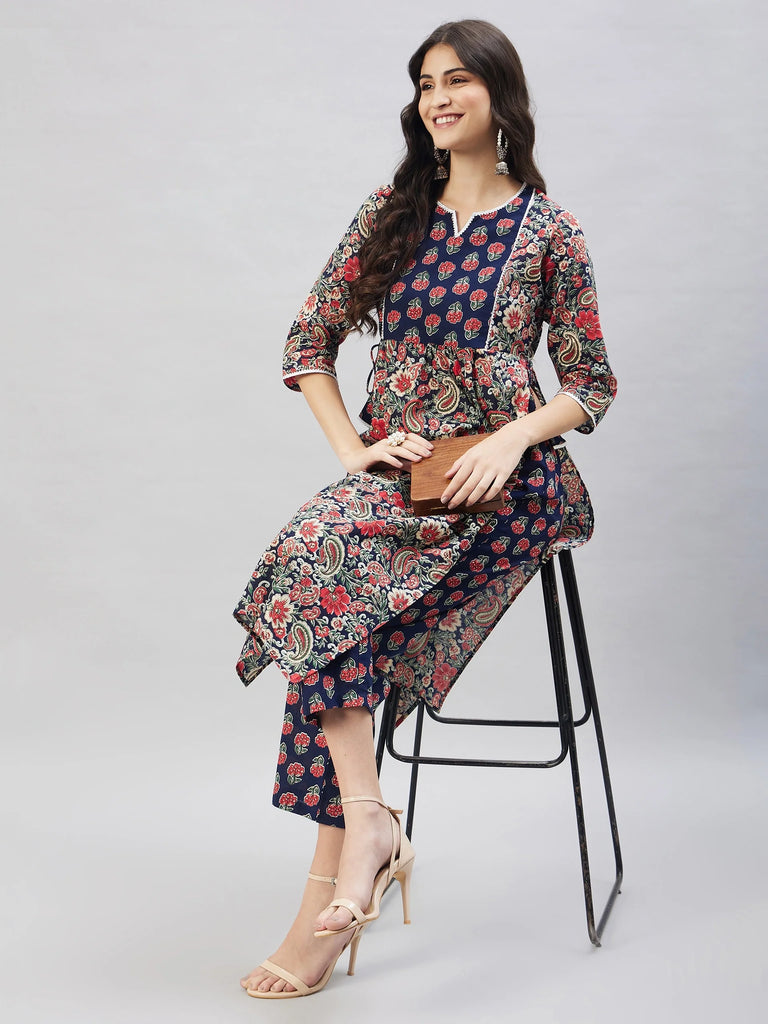 Women's Navy Blue Floral Print Naira Cut Kurta Set