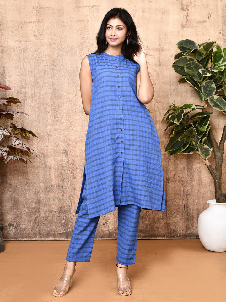 Women's Blue Handloom Cotton Checkered Kurta Set