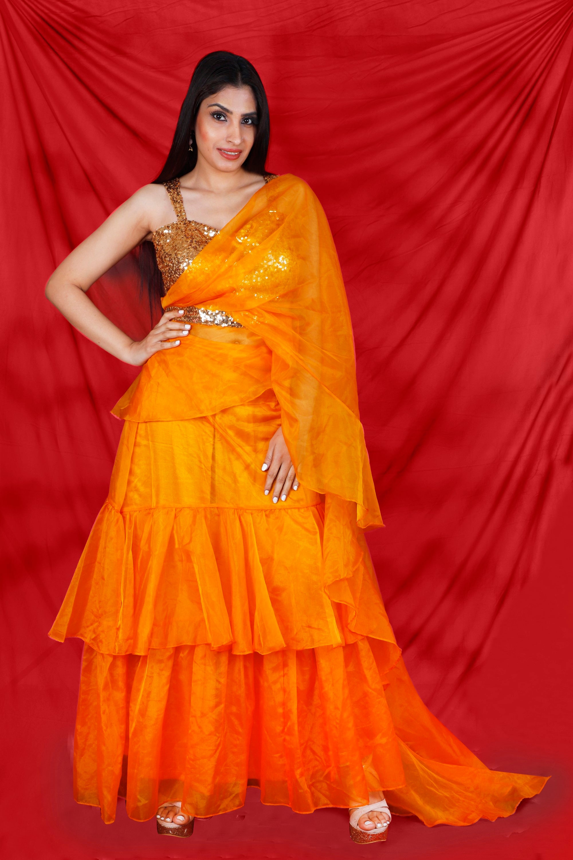 Women's Multitier Organza Saree with Ruffle pallu with Sequins sweetheart neckline Blouse and Belt - MIRACOLOS by Ruchi