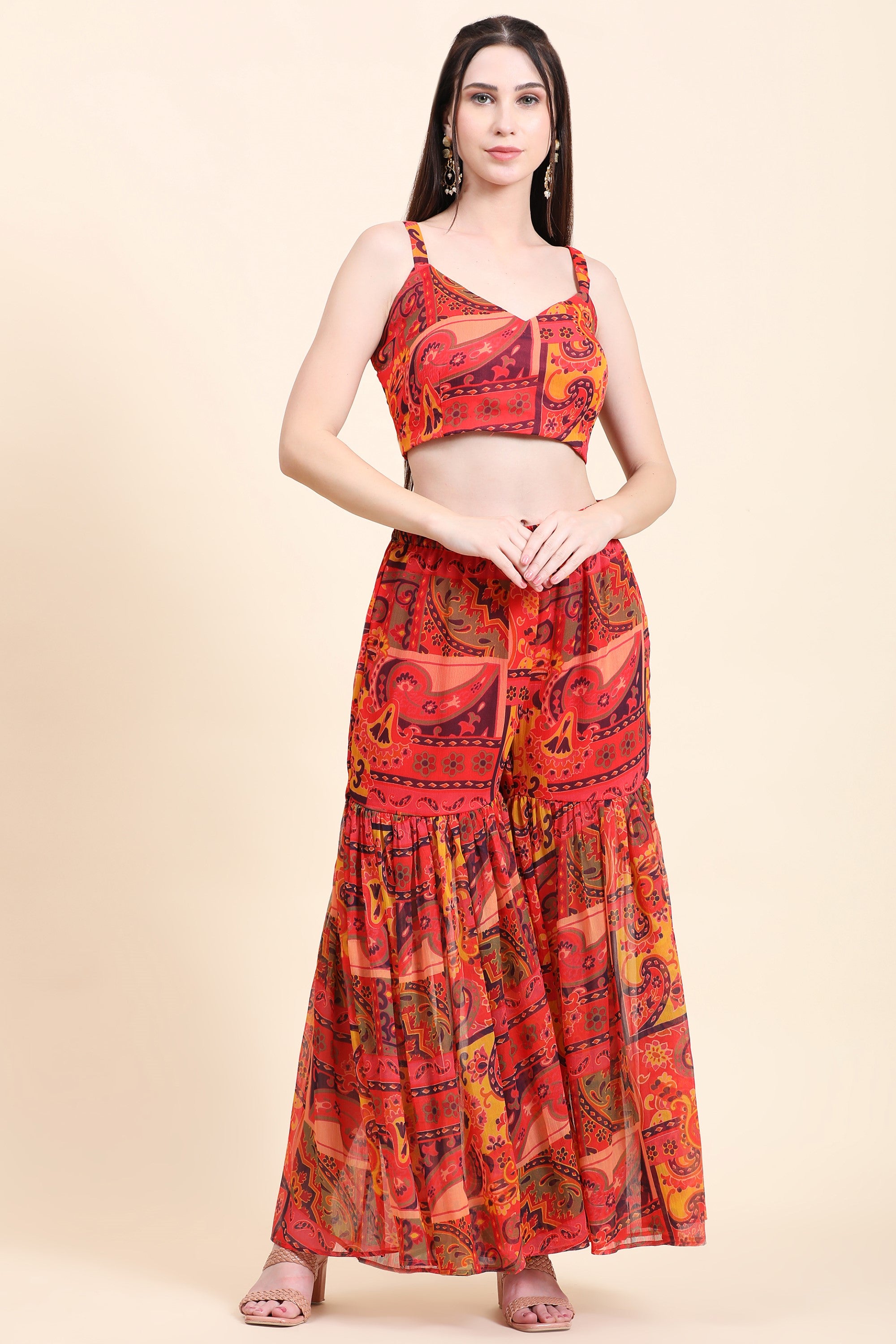 Women's Printed Chiffon Red base Blouse, Cape, Garara Skirt Set - MIRACOLOS by Ruchi