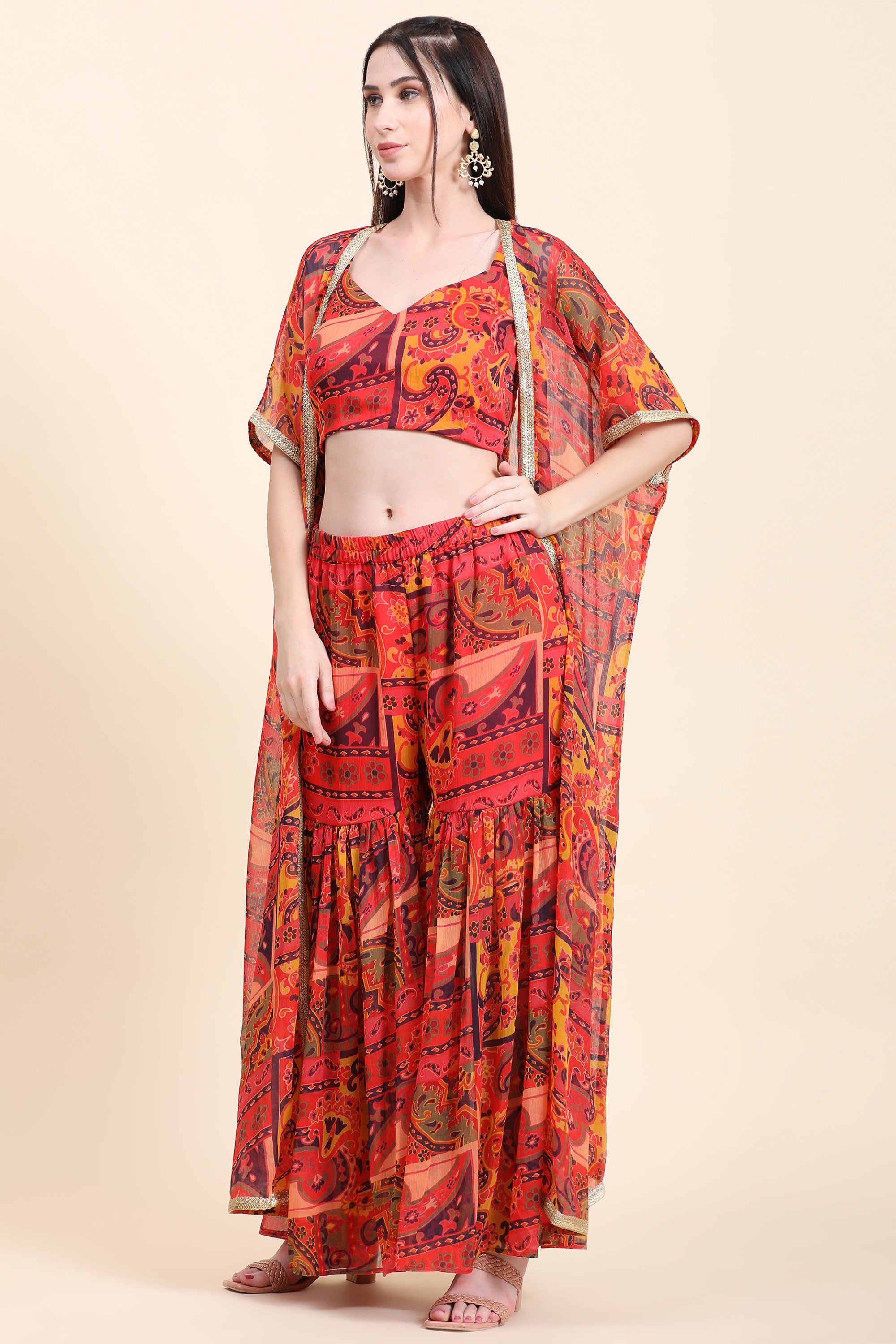 Women's Printed Chiffon Red base Blouse, Cape, Garara Skirt Set - MIRACOLOS by Ruchi