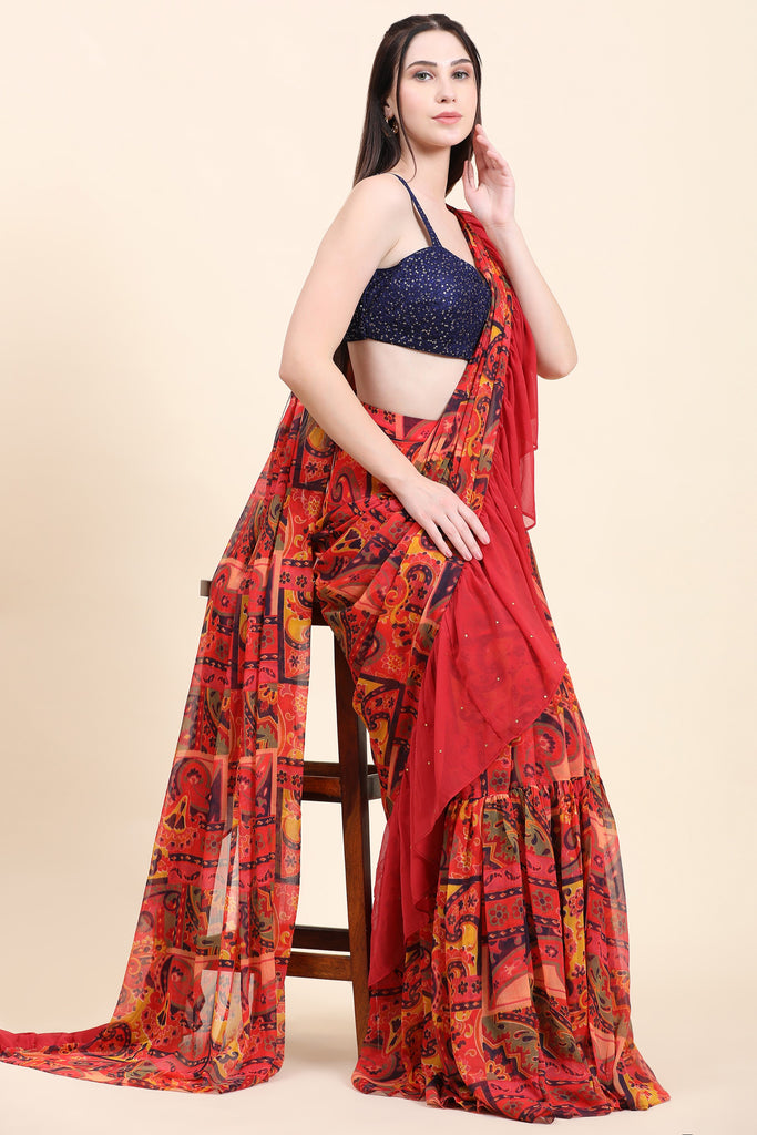 Women's Printed Chiffon Red base Ruffle Saree, Sequins Blouse set