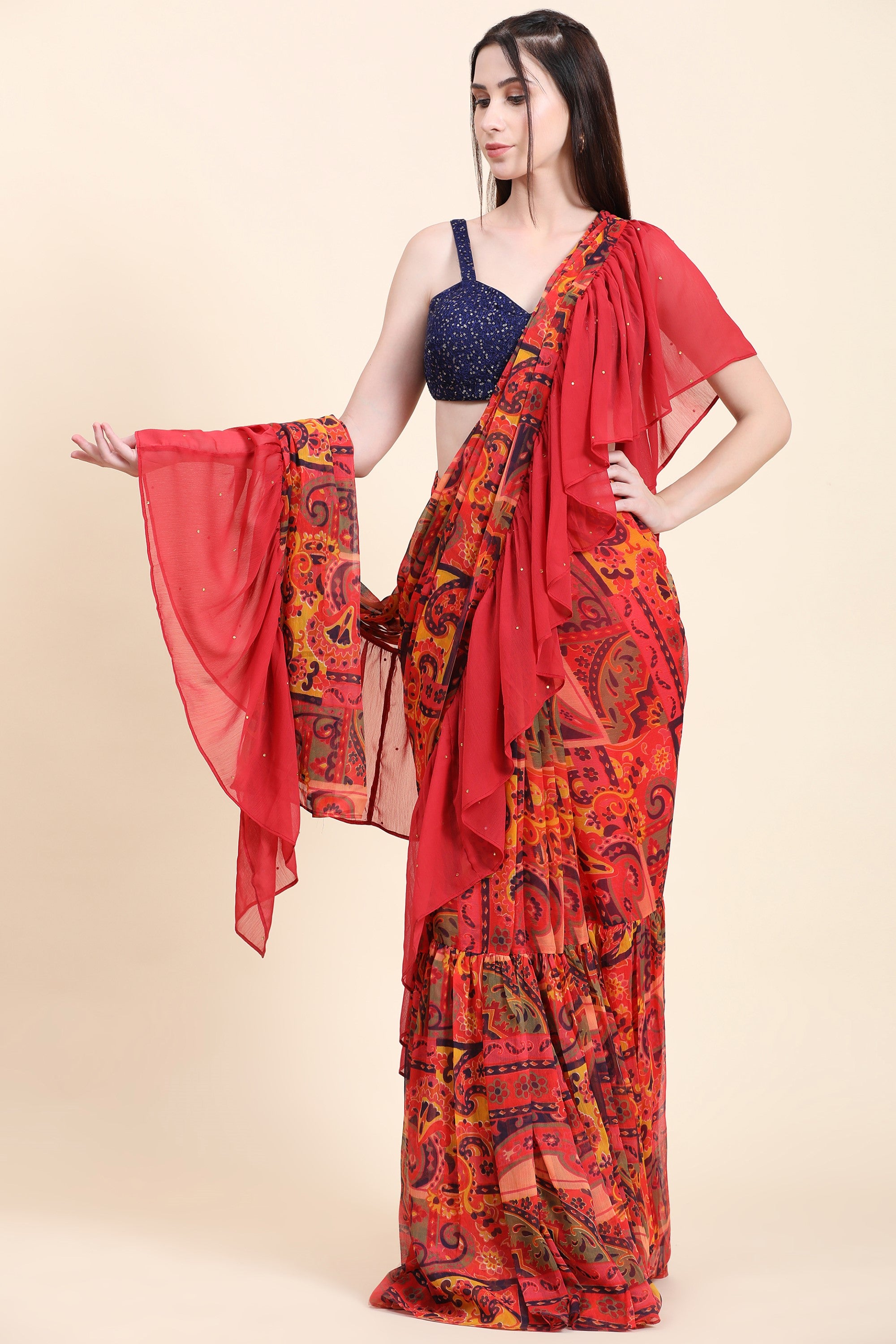 Women's Printed Chiffon Red base Ruffle Saree, Sequins Blouse set - MIRACOLOS by Ruchi