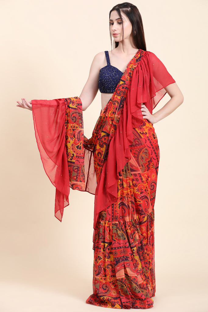 Women's Printed Chiffon Red base Ruffle Saree, Sequins Blouse set