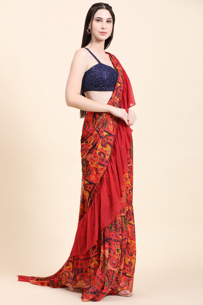 Women's Printed Chiffon Red base Ruffle Saree, Sequins Blouse set