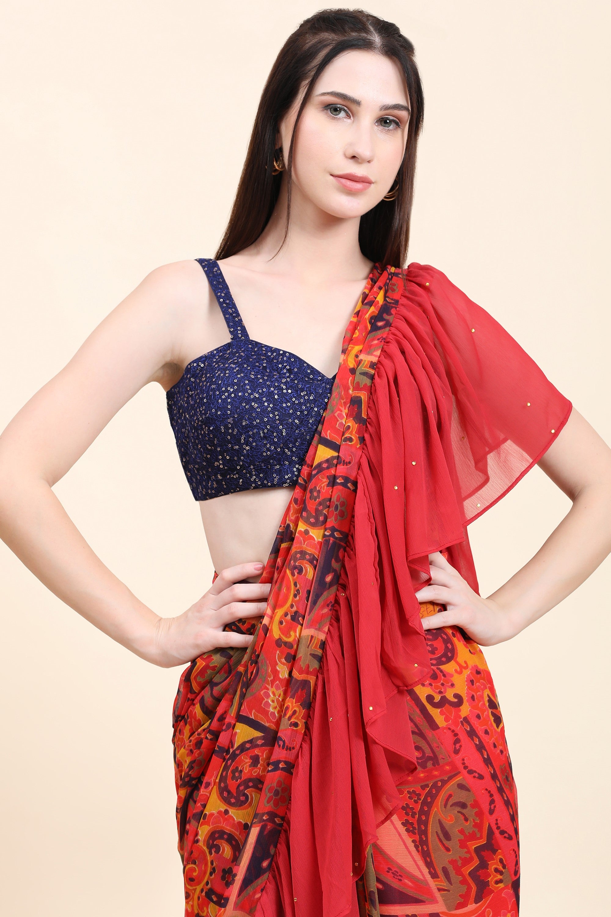 Women's Printed Chiffon Red base Ruffle Saree, Sequins Blouse set - MIRACOLOS by Ruchi