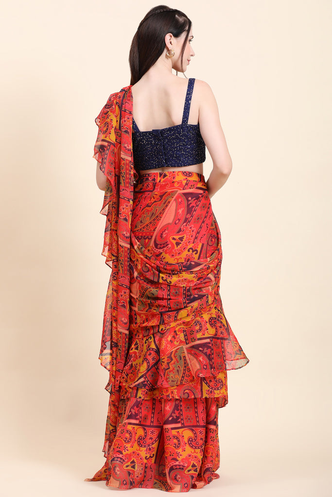Women's Printed Chiffon Red base Multitier Ruffle pallu Saree, Sequins Blouse set