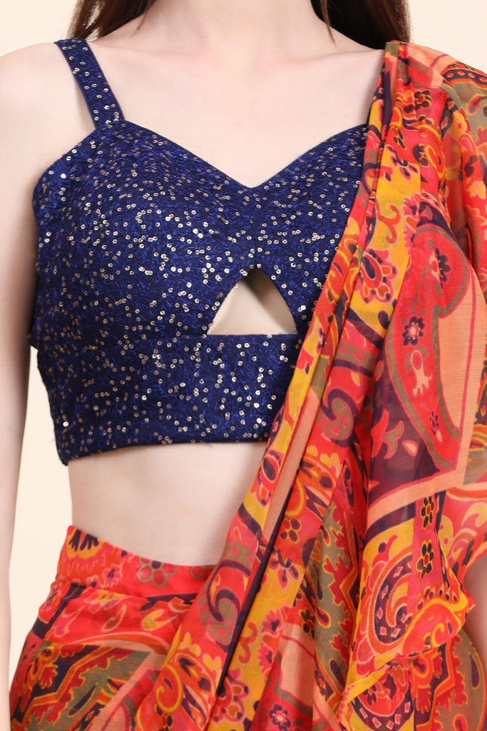 Women's Printed Chiffon Red base Multitier Ruffle pallu Saree, Sequins Blouse set