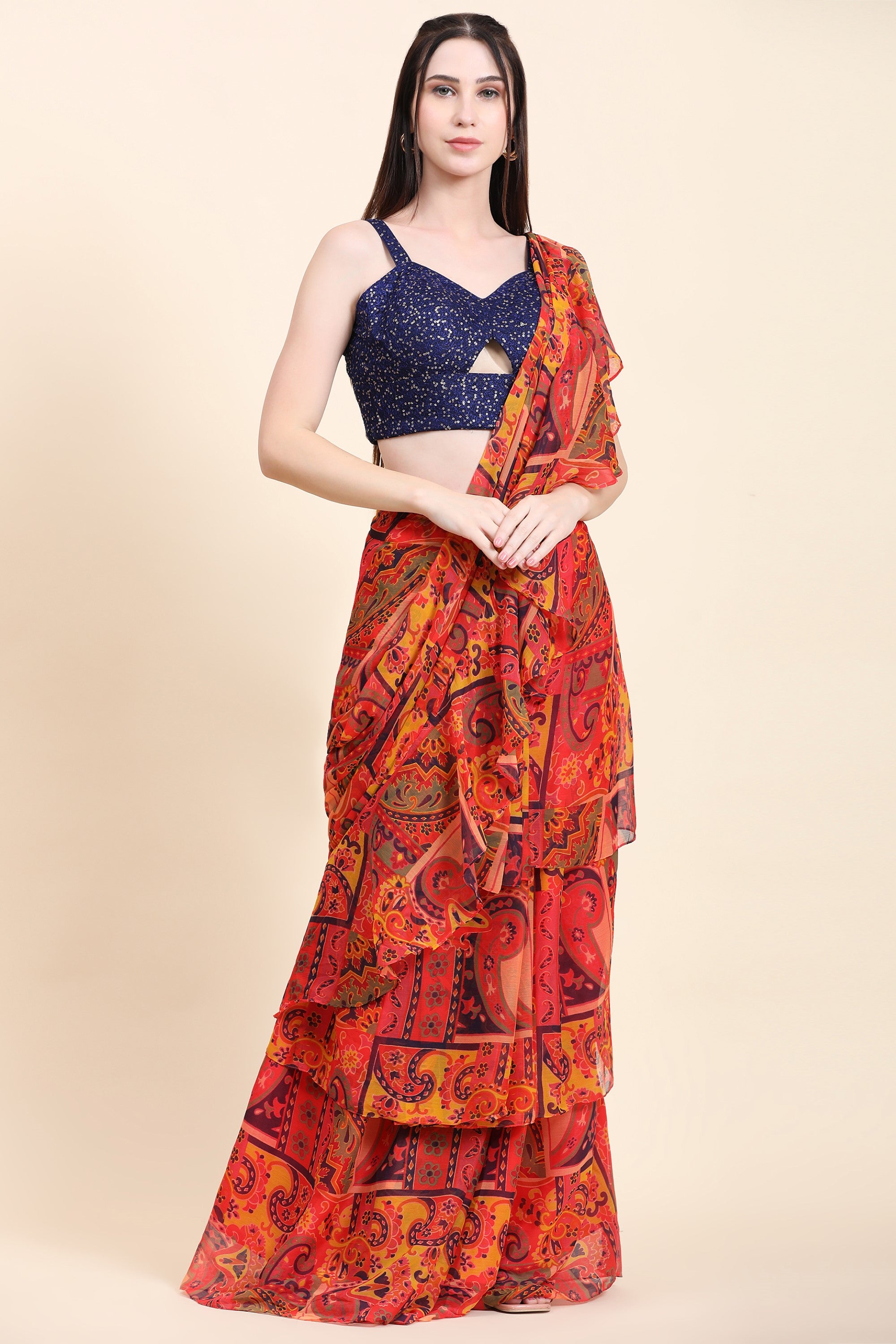 Women's Printed Chiffon Red base Multitier Ruffle pallu Saree, Sequins Blouse set - MIRACOLOS by Ruchi
