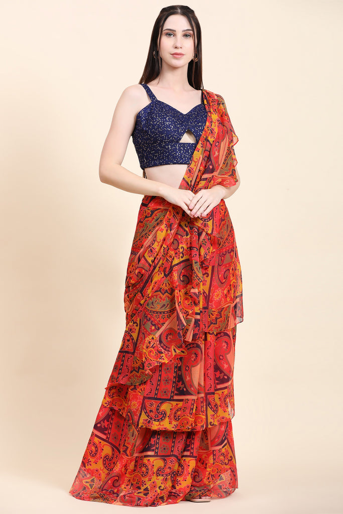 Women's Printed Chiffon Red base Multitier Ruffle pallu Saree, Sequins Blouse set