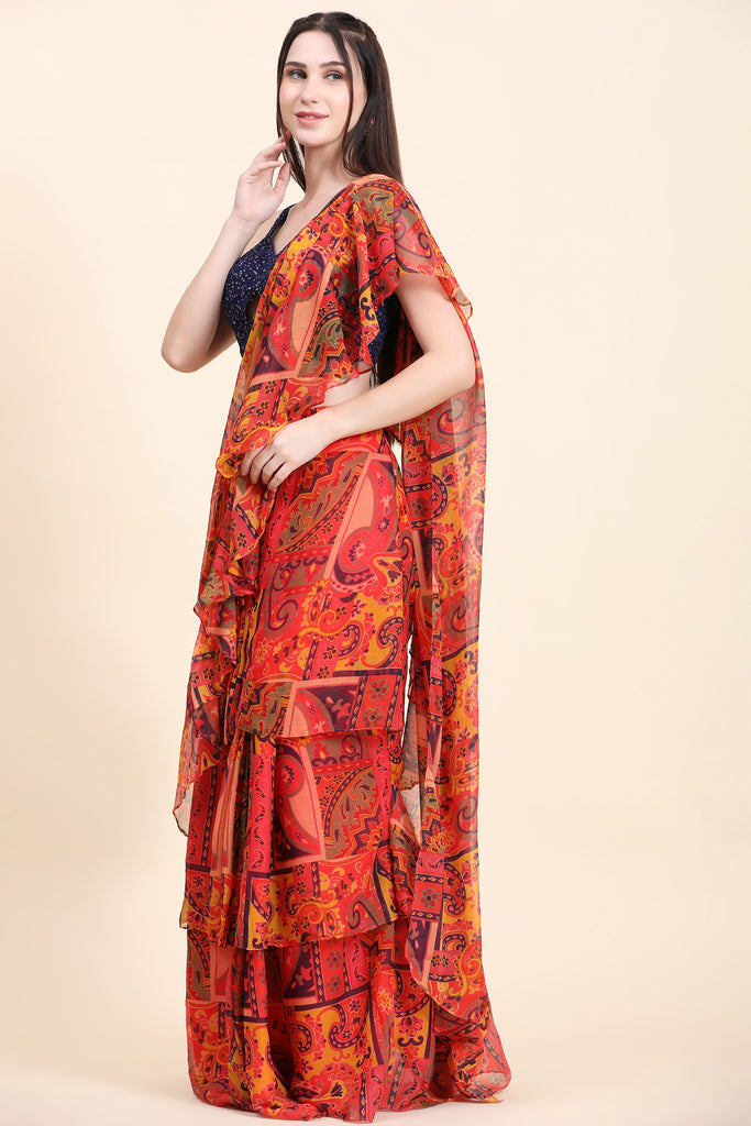 Women's Printed Chiffon Red base Multitier Ruffle pallu Saree, Sequins Blouse set
