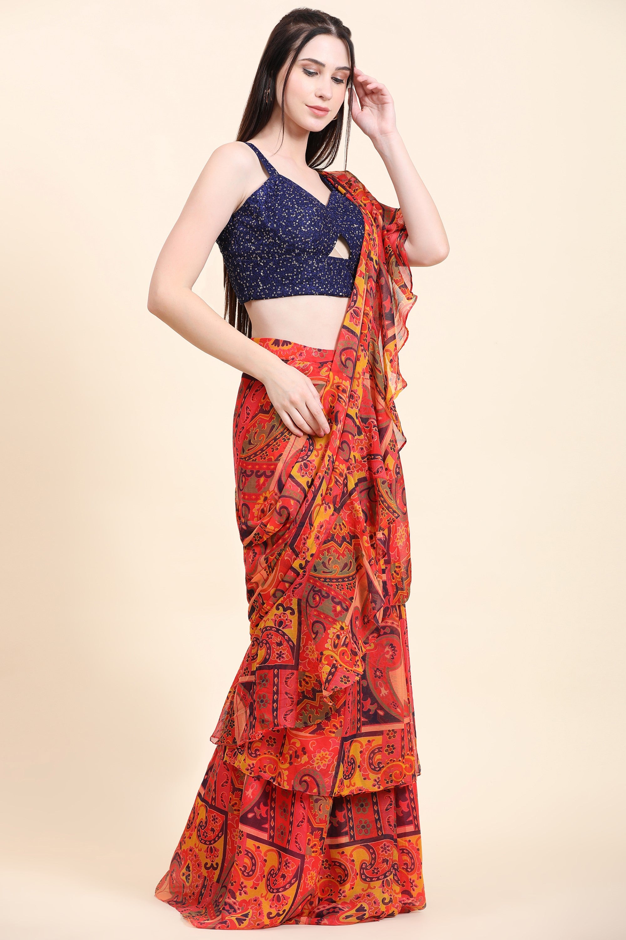 Women's Printed Chiffon Red base Multitier Ruffle pallu Saree, Sequins Blouse set - MIRACOLOS by Ruchi