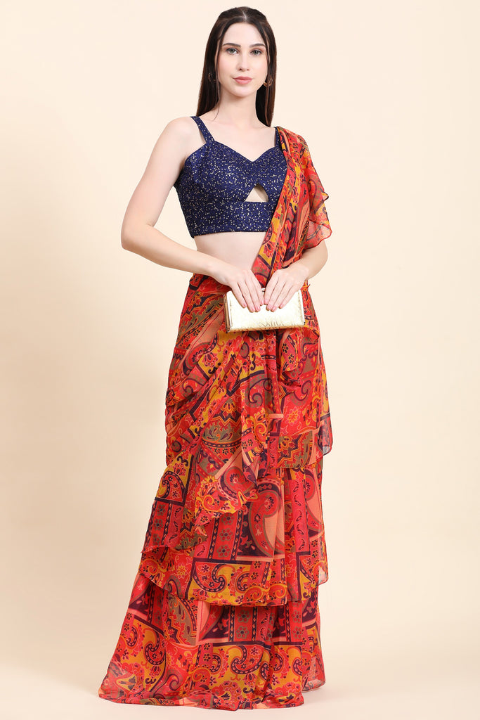 Women's Printed Chiffon Red base Multitier Ruffle pallu Saree, Sequins Blouse set