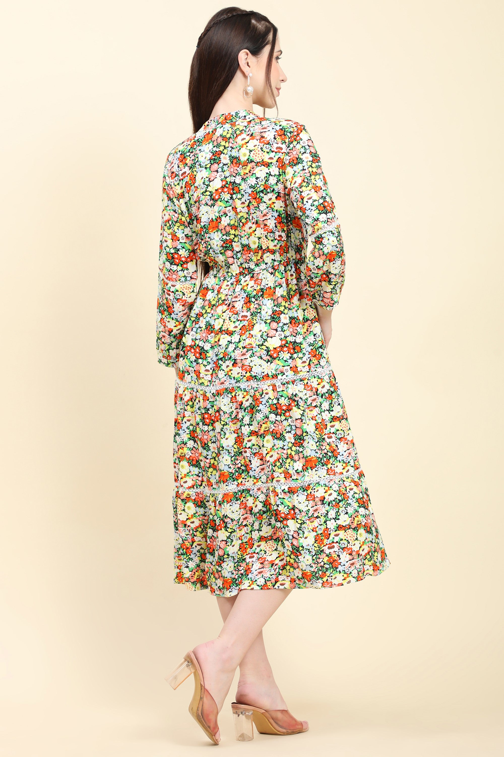 Women's Floral print Black base Rayon Dress with Fagotting Cotton Lace