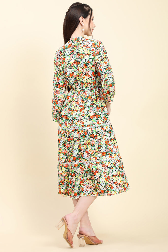 Women's Floral print Black base Rayon Dress with Fagotting Cotton Lace