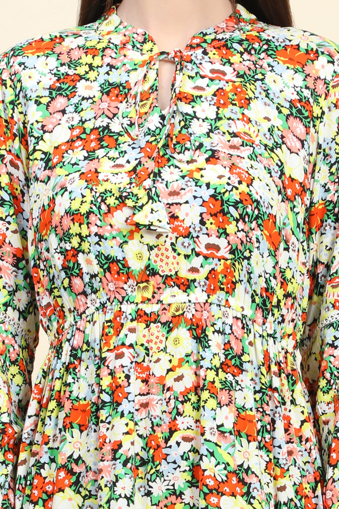 Women's Floral print Black base Rayon Dress with Fagotting Cotton Lace