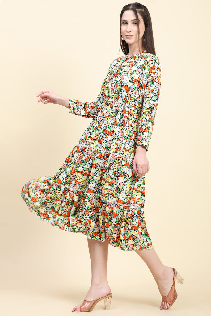 Women's Floral print Black base Rayon Dress with Fagotting Cotton Lace