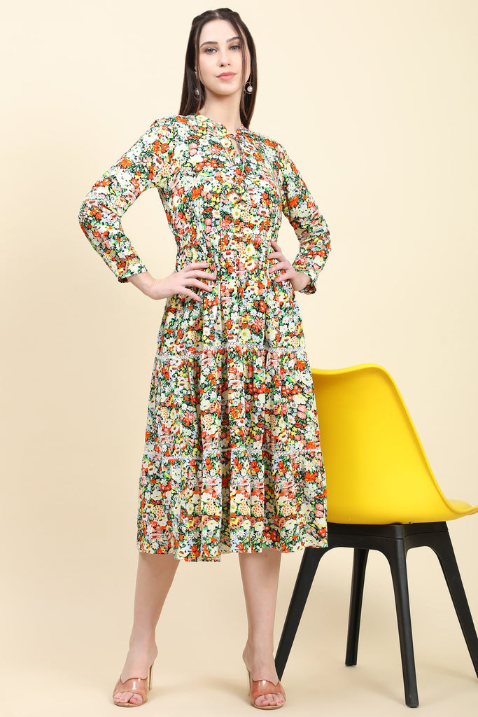 Women's Floral print Black base Rayon Dress with Fagotting Cotton Lace