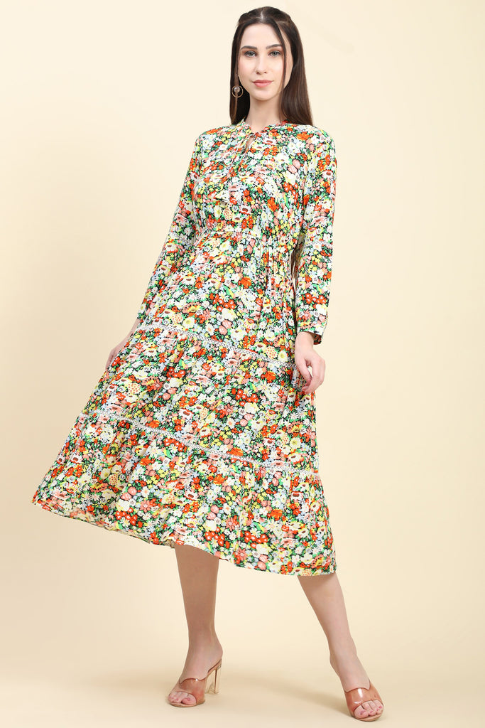 Women's Floral print Black base Rayon Dress with Fagotting Cotton Lace