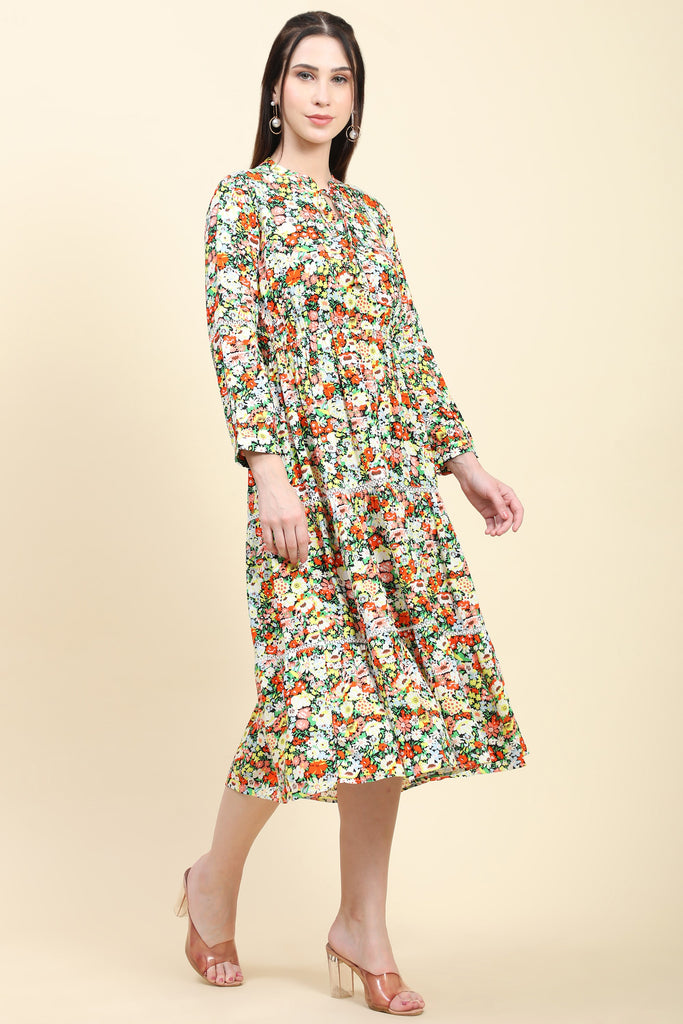 Women's Floral print Black base Rayon Dress with Fagotting Cotton Lace