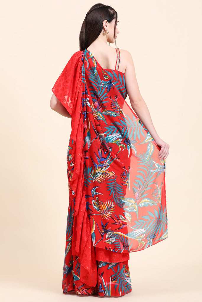 Women's Red base Leaf print Georgette Ruffle Saree, Blouse set