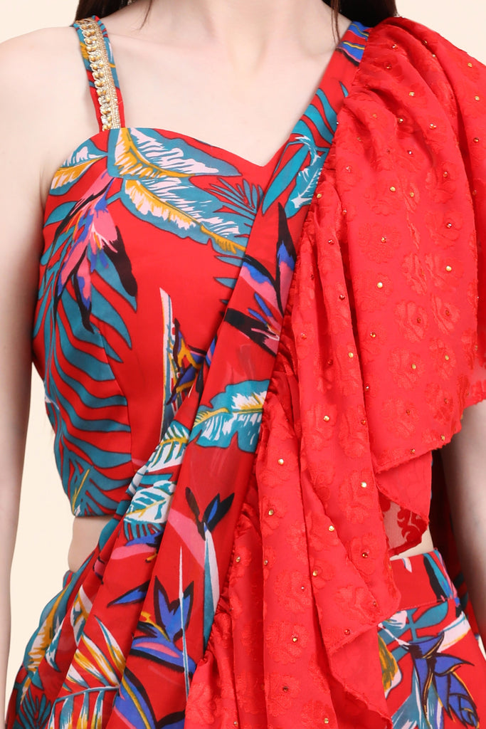 Women's Red base Leaf print Georgette Ruffle Saree, Blouse set