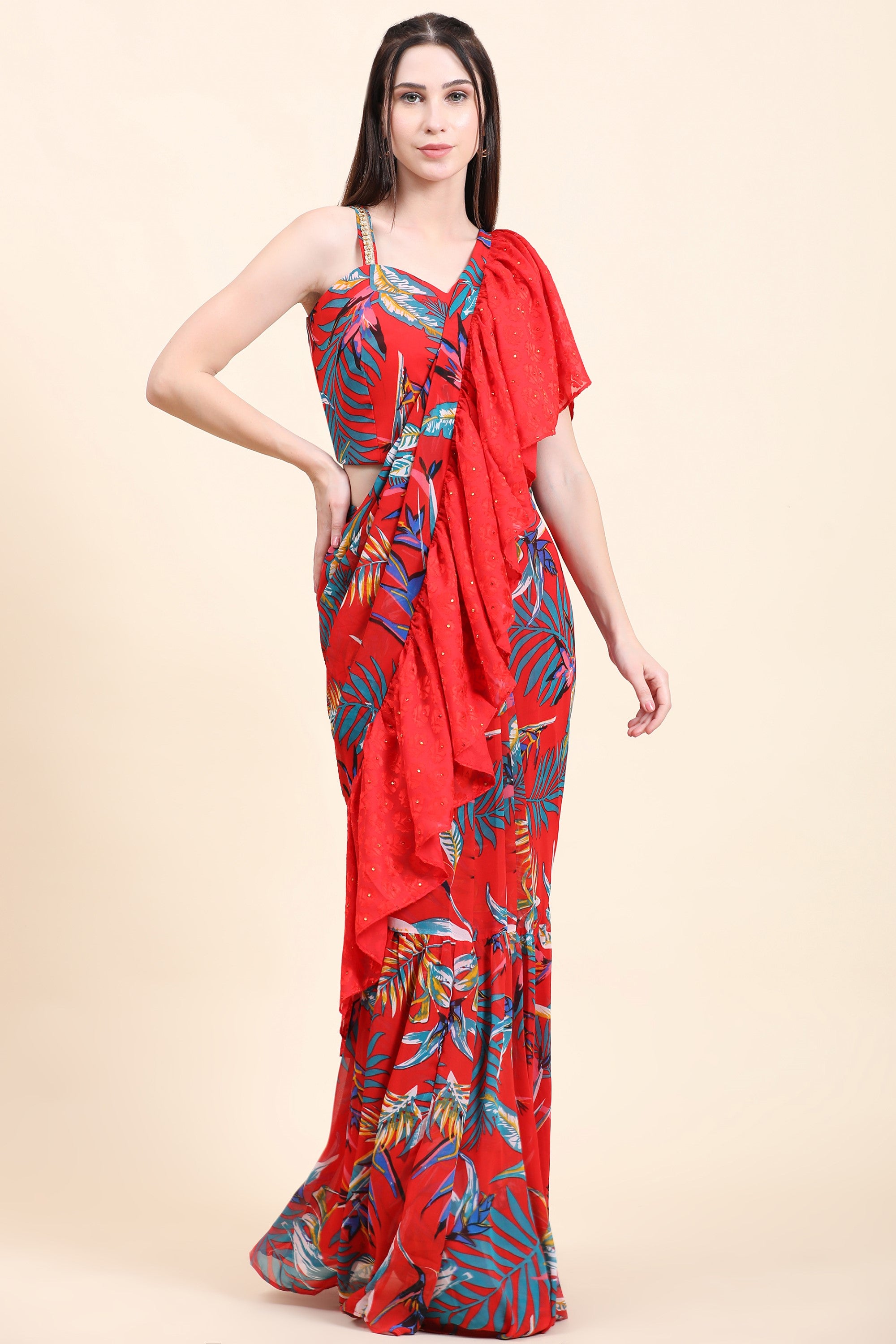 Women's Red base Leaf print Georgette Ruffle Saree, Blouse set