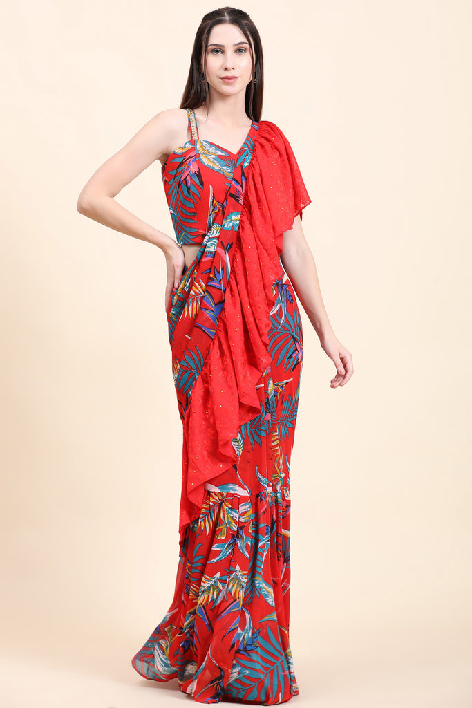 Women's Red base Leaf print Georgette Ruffle Saree, Blouse set