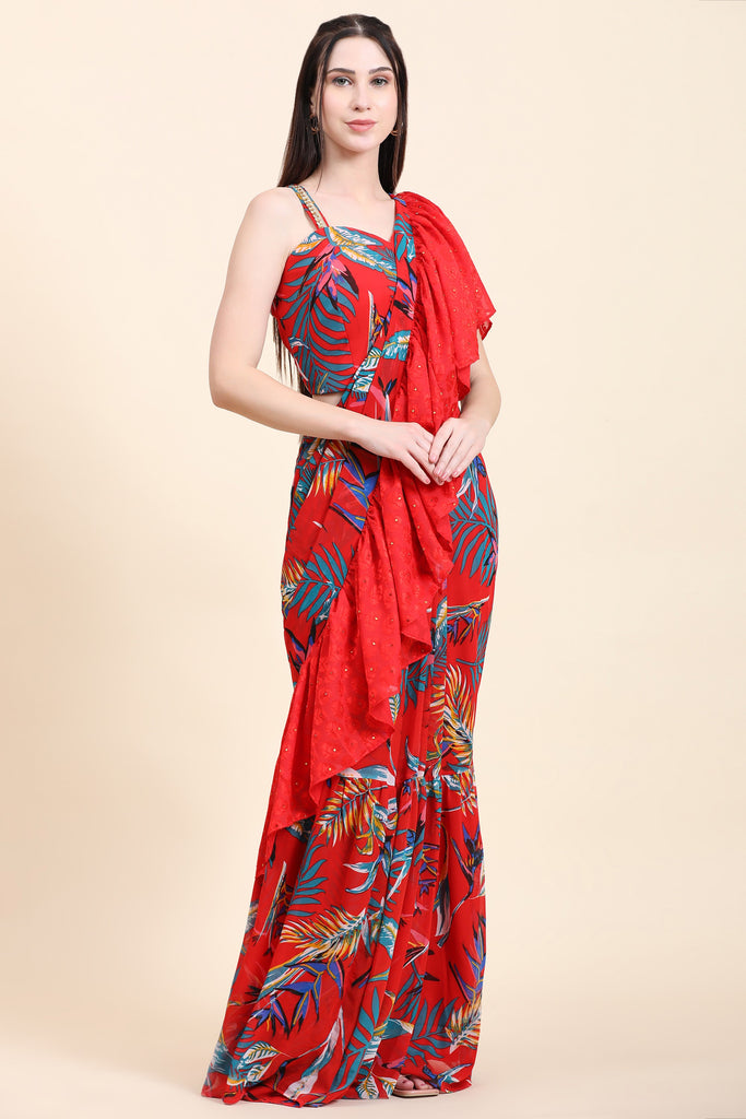 Women's Red base Leaf print Georgette Ruffle Saree, Blouse set