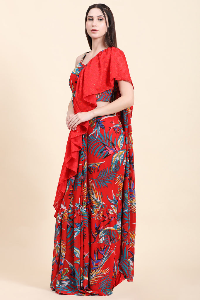 Women's Red base Leaf print Georgette Ruffle Saree, Blouse set