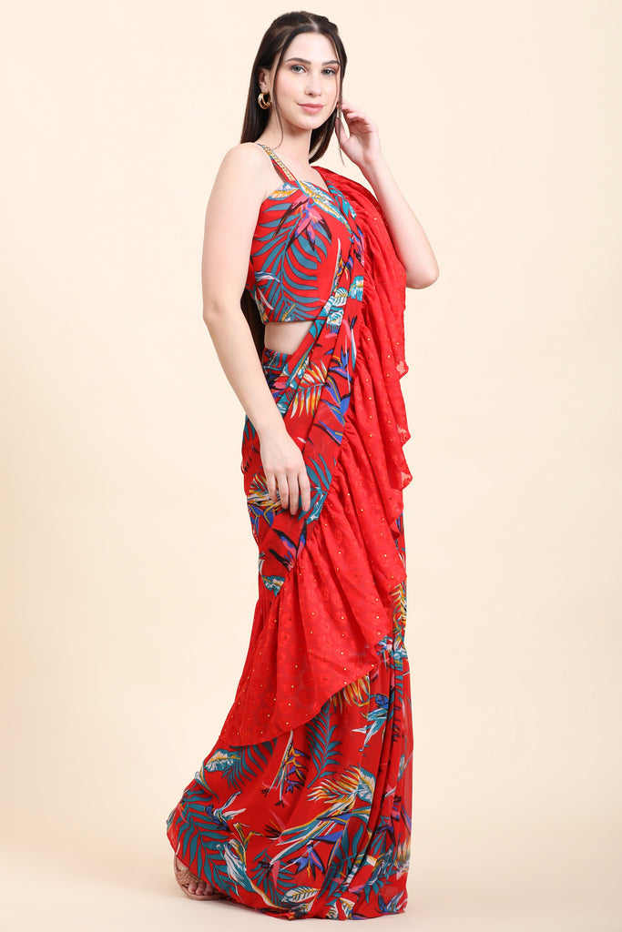 Women's Red base Leaf print Georgette Ruffle Saree, Blouse set