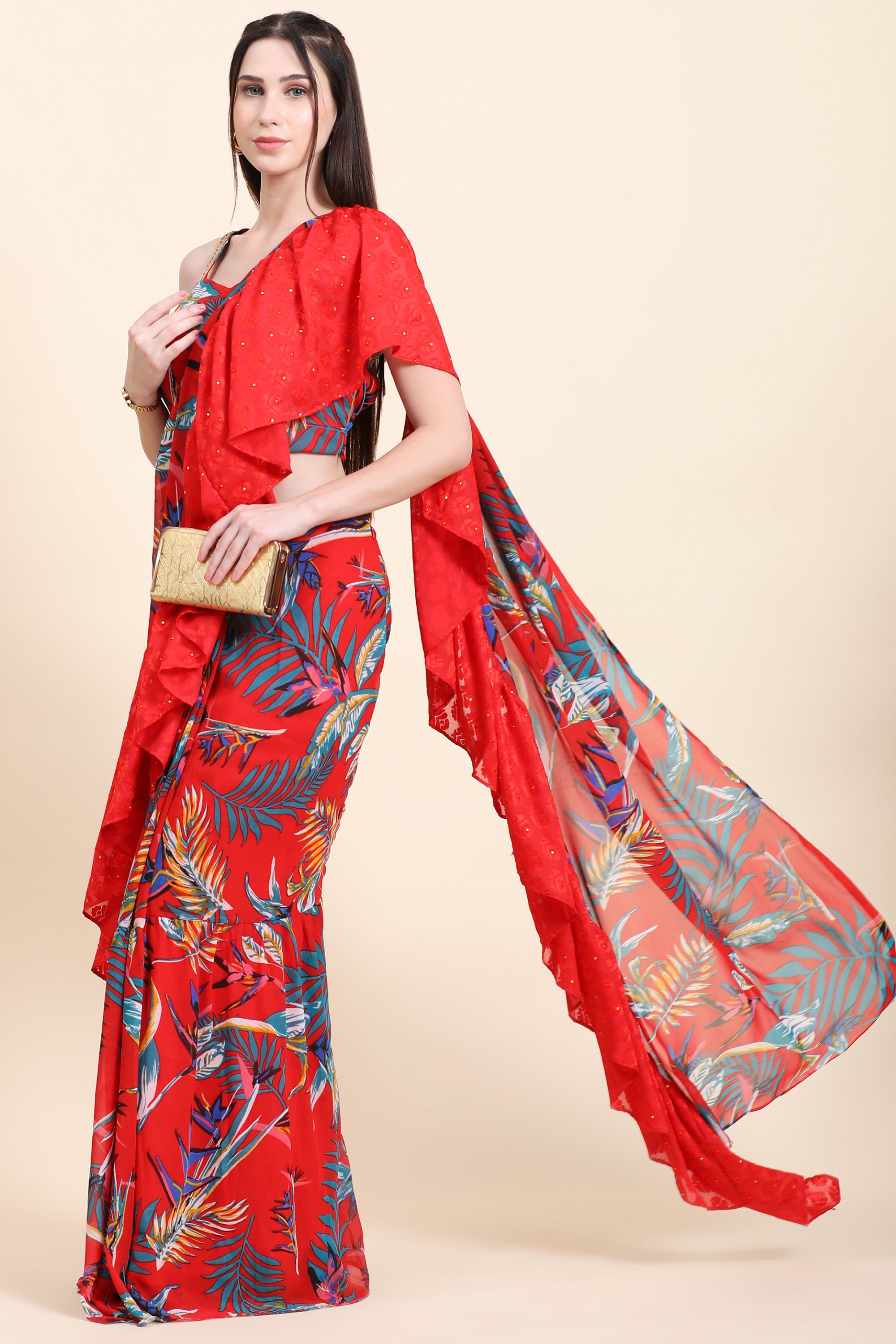 Women's Red base Leaf print Georgette Ruffle Saree, Blouse set - MIRACOLOS by Ruchi