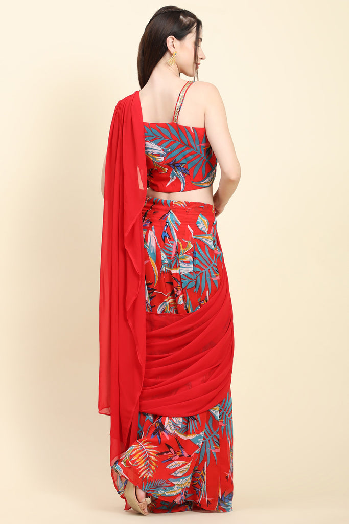 Women's Red base Leaf print Georgette Pleats drape Saree, Blouse set