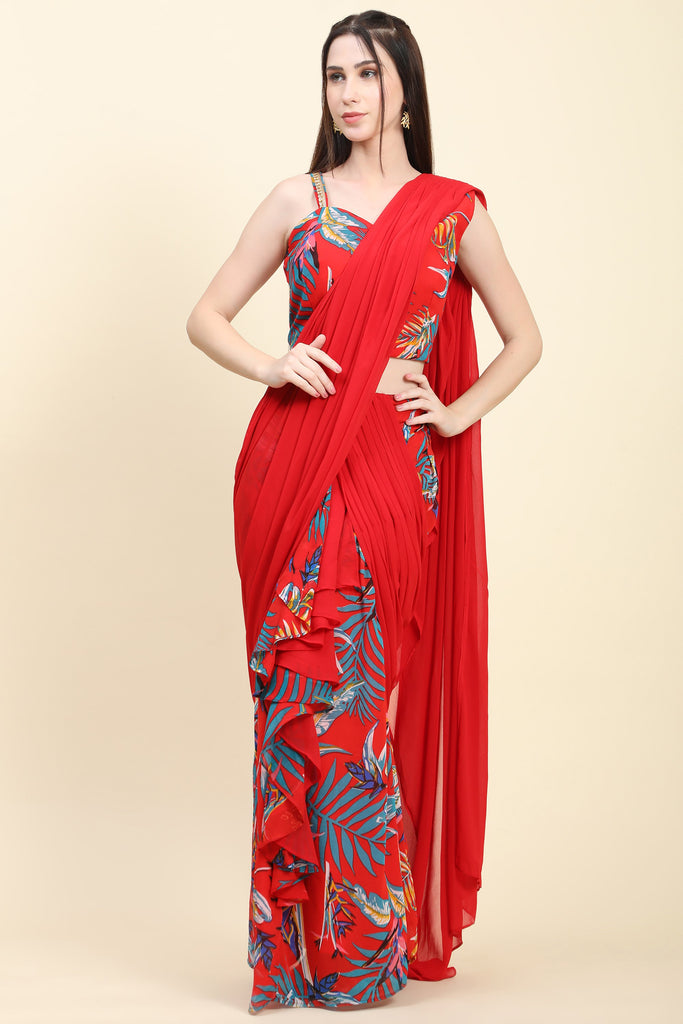 Women's Red base Leaf print Georgette Pleats drape Saree, Blouse set