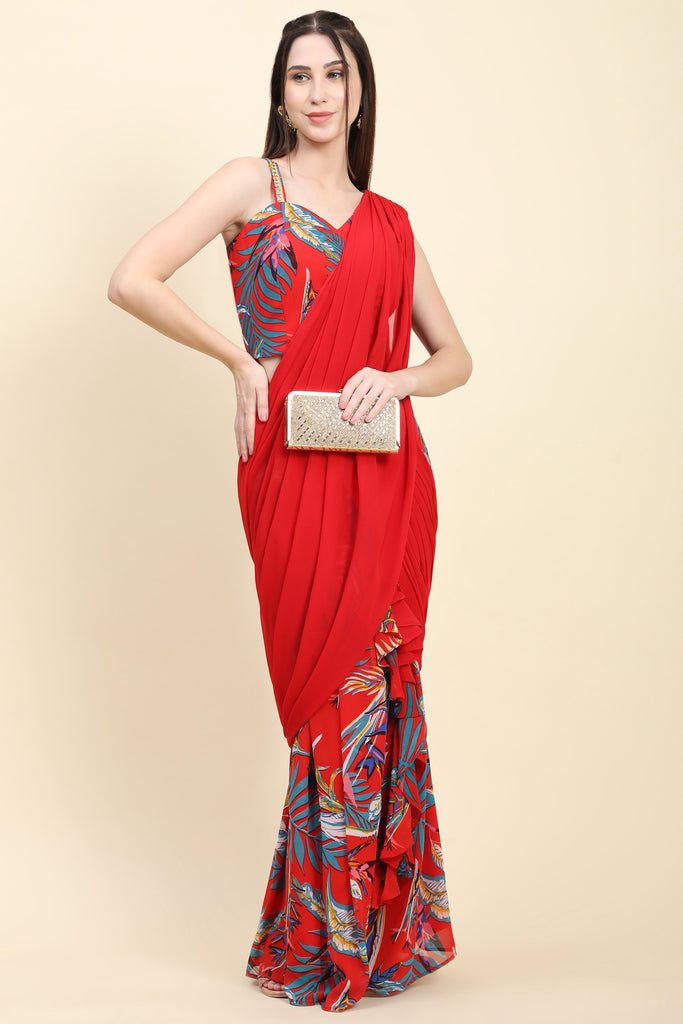 Women's Red base Leaf print Georgette Pleats drape Saree, Blouse set