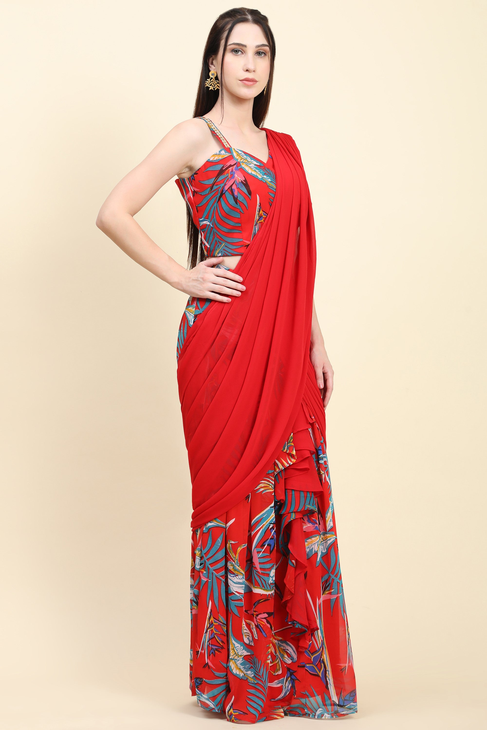 Women's Red base Leaf print Georgette Pleats drape Saree, Blouse set - MIRACOLOS by Ruchi