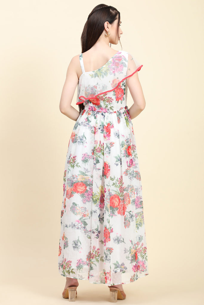 Women's One Shoulder Floral Printed Georgette Dress white base