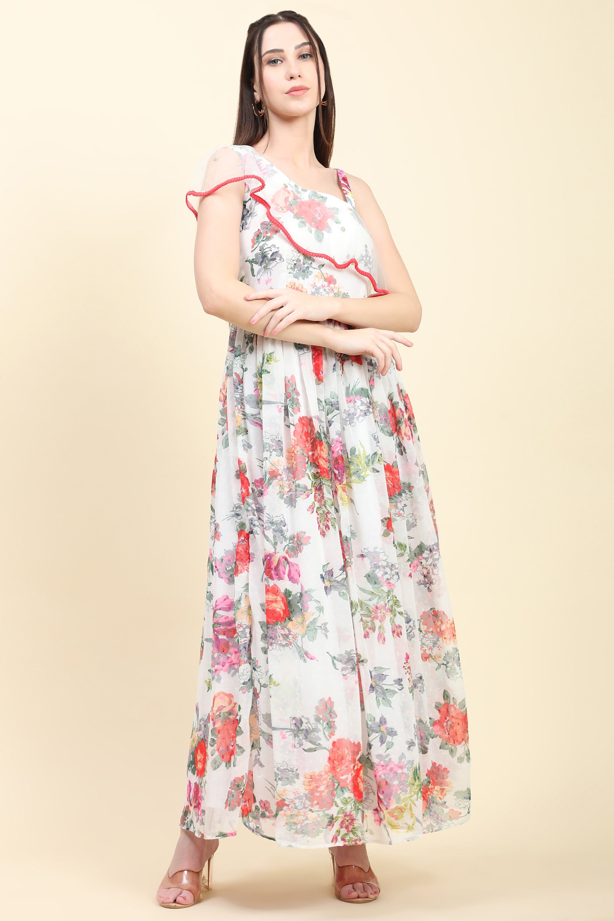 Women's One Shoulder Floral Printed Georgette Dress white base - MIRACOLOS by Ruchi