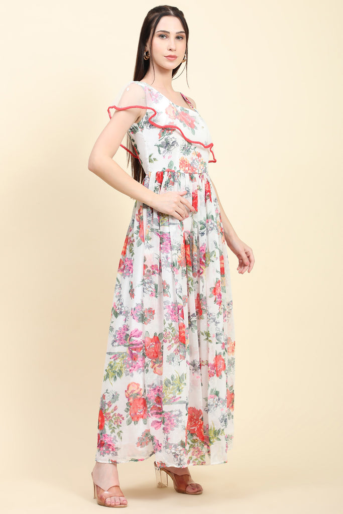 Women's One Shoulder Floral Printed Georgette Dress white base