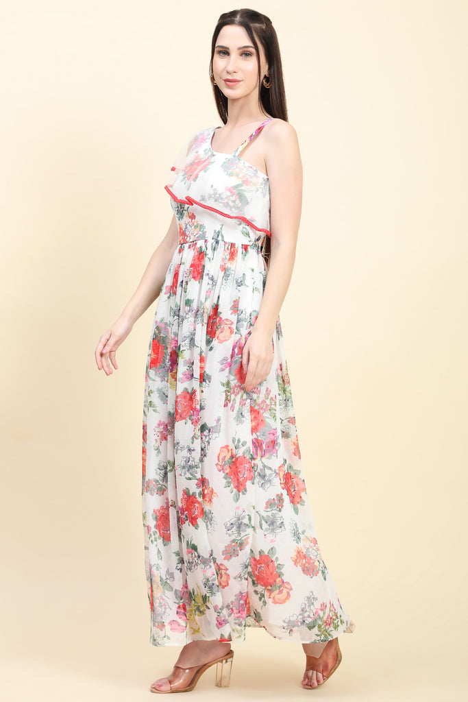 Women's One Shoulder Floral Printed Georgette Dress white base