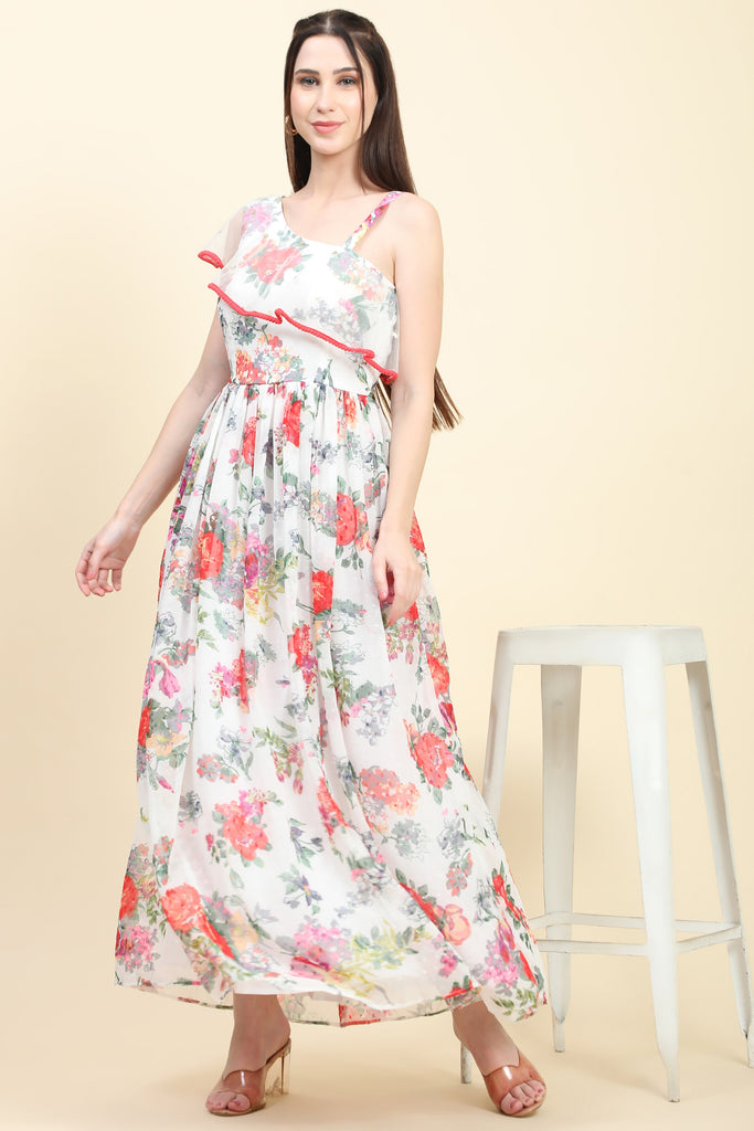 Women's One Shoulder Floral Printed Georgette Dress white base