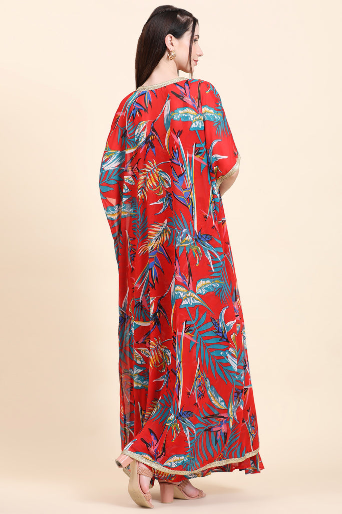 Women's Red base Leaf print Georgette Blouse, Garara and Cape set