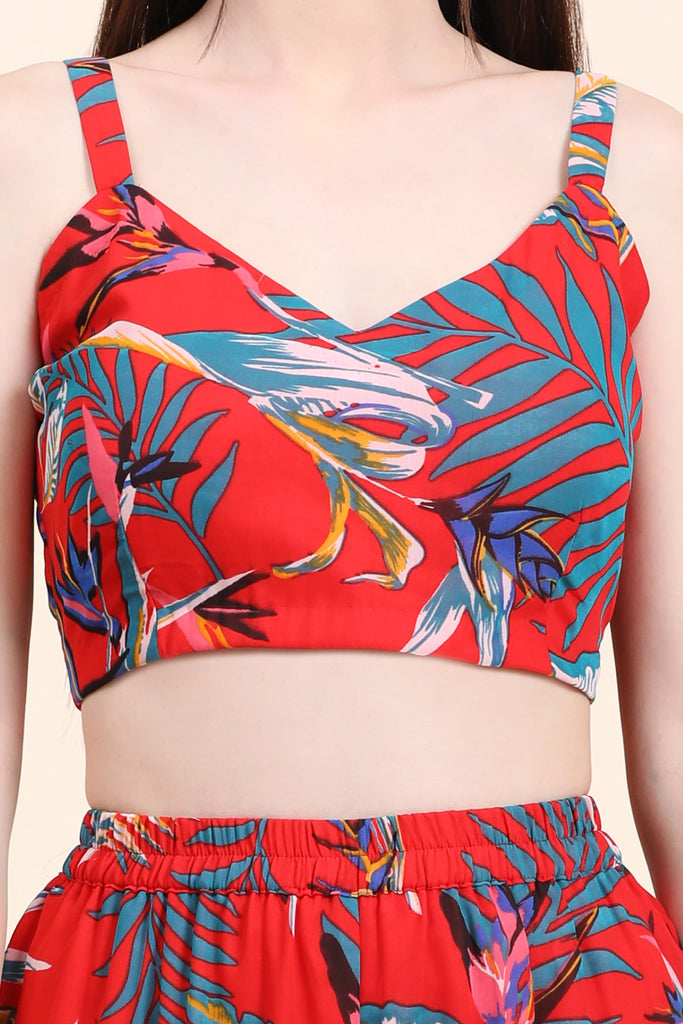 Women's Red base Leaf print Georgette Blouse, Garara and Cape set