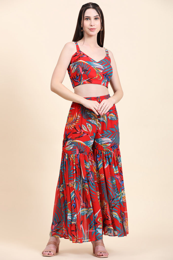 Women's Red base Leaf print Georgette Blouse, Garara and Cape set