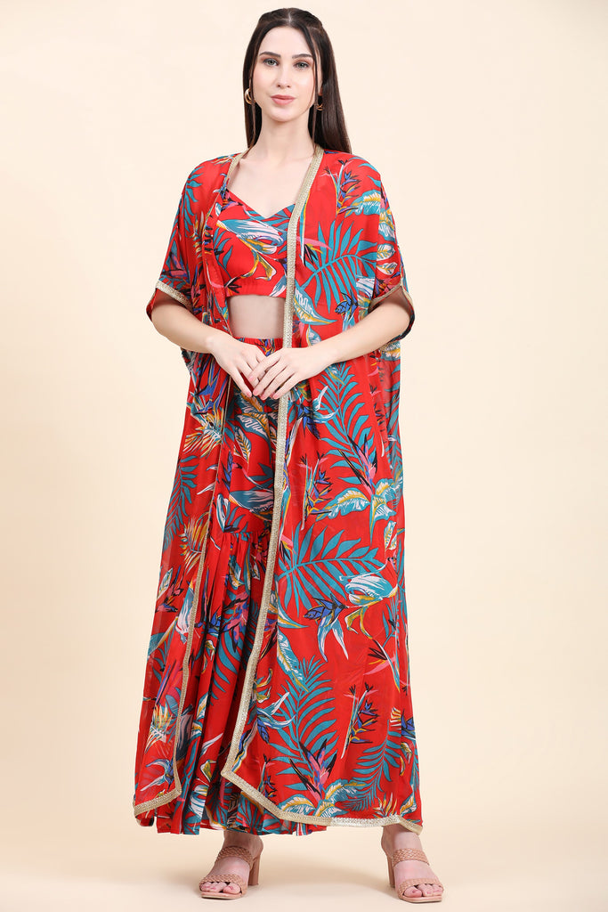 Women's Red base Leaf print Georgette Blouse, Garara and Cape set
