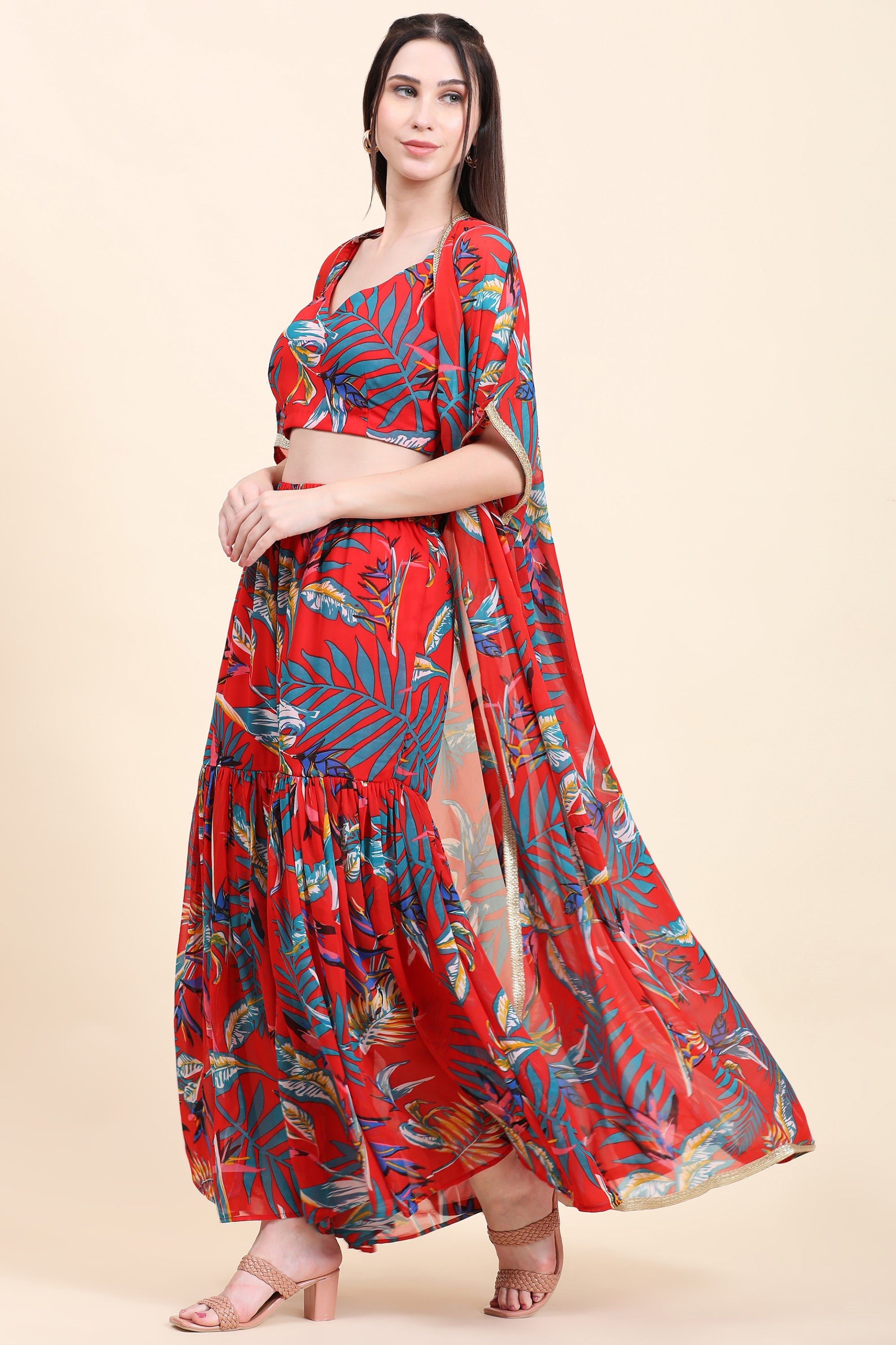 Women's Red base Leaf print Georgette Blouse, Garara and Cape set - MIRACOLOS by Ruchi