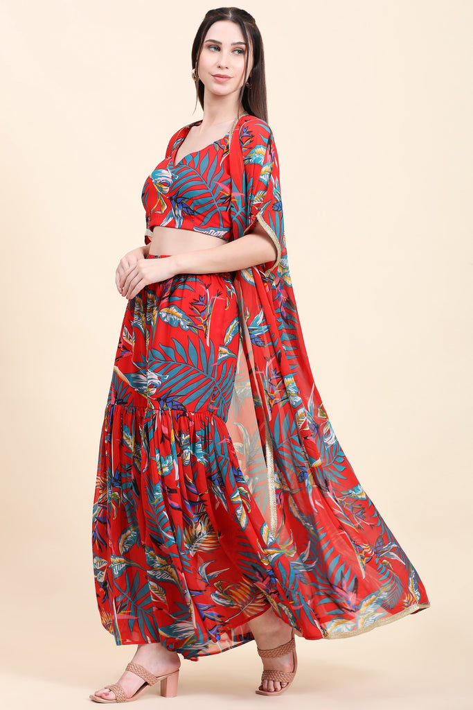 Women's Red base Leaf print Georgette Blouse, Garara and Cape set